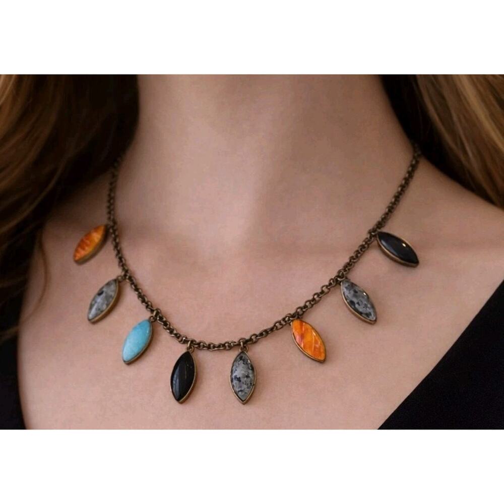 Colorful Stone‎ Gold Tone Station Necklace 20" Pendants Statement N-TN9